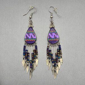VTG Purple Southwestern Dangle Drop Earrings Beaded Fringe Tribal Pattern Design